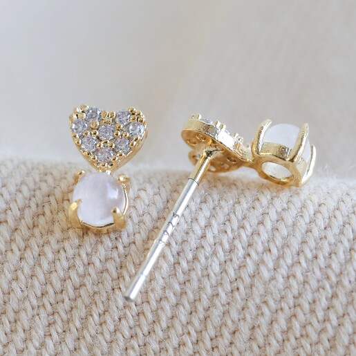 Crystal Heart and Quartz Stone Stud Earrings on Fabric
