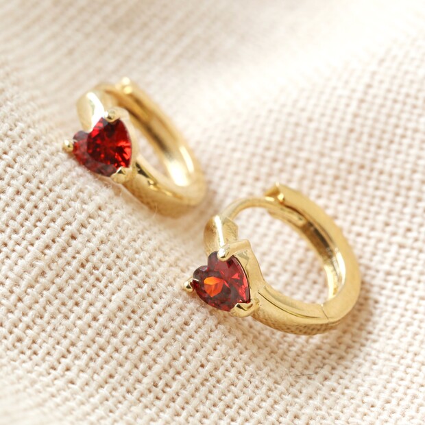 Crystal Red Heart Huggie Hoops in Gold
