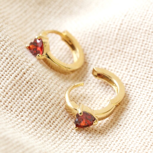 Open Crystal Red Heart Huggie Hoops in Gold