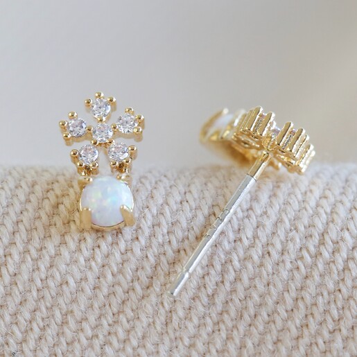 Crystal Snowflake Earrings with Opal in Gold with Posts