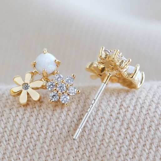 Flower Stud Earrings with Opal in Gold Double Flower Stud Earrings with Opal