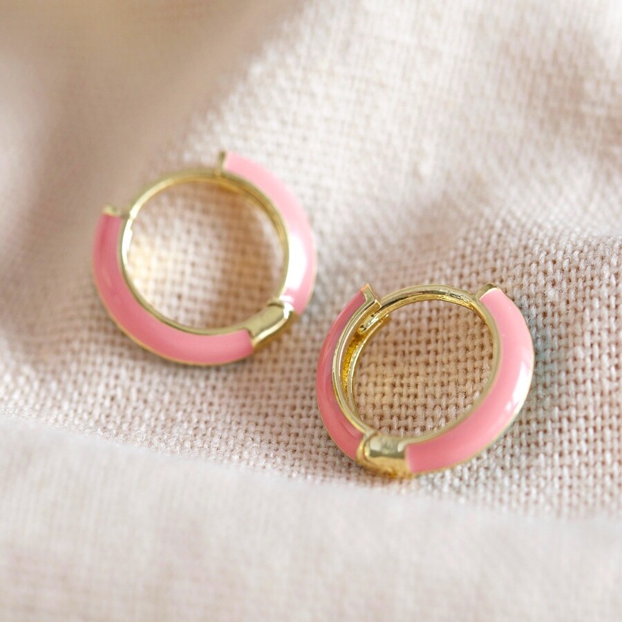 Enamel Huggie Hoop Earrings in Teal and Pink | Lisa Angel