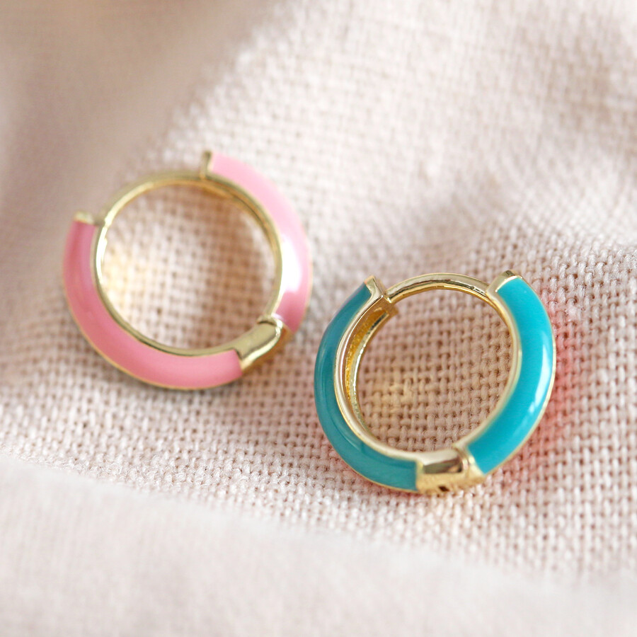 Enamel Huggie Hoop Earrings in Teal and Pink | Lisa Angel