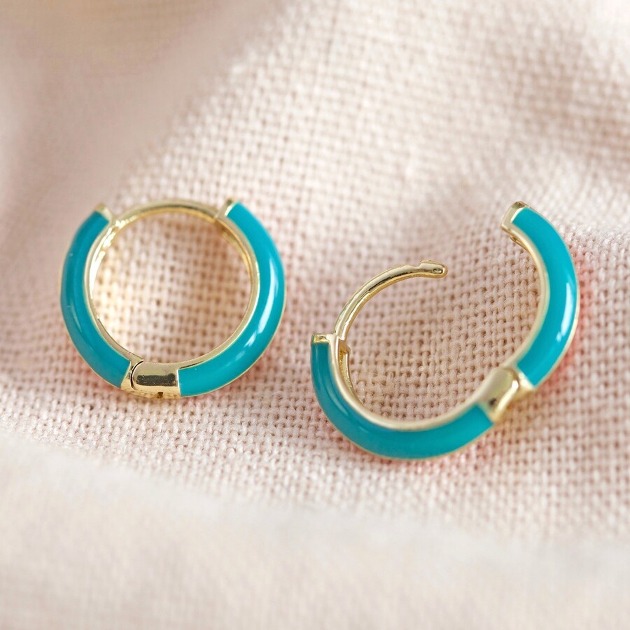 Enamel Huggie Hoop Earrings in Teal and Pink | Lisa Angel