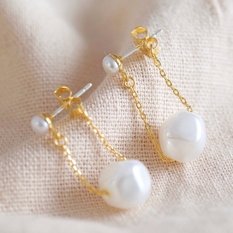 Freshwater Pearl and Chain Drop Earrings in Gold | Lisa Angel