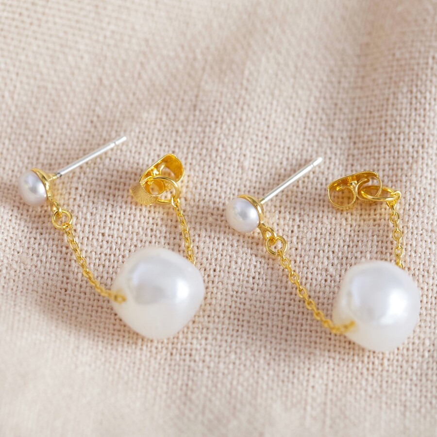 Freshwater Pearl and Chain Drop Earrings in Gold | Lisa Angel