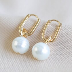 Glass Pearl Oval Hoop Earrings in Gold