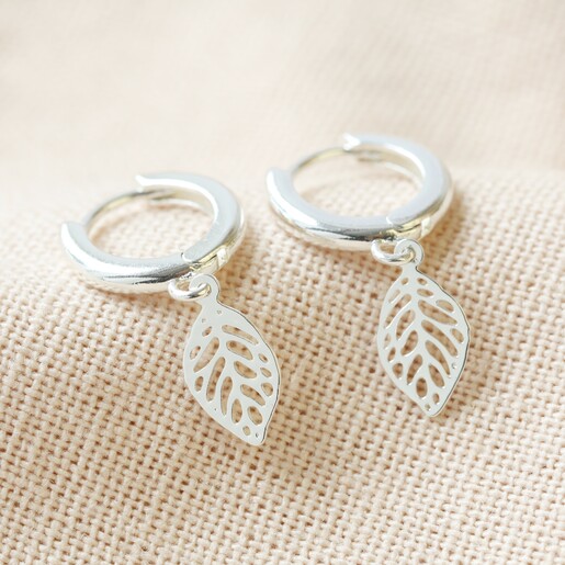 Leaf Huggie Hoop Earrings in Silver