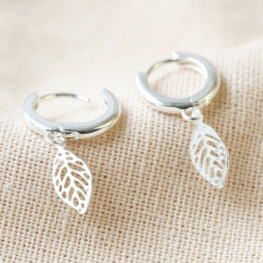 Leaf Huggie Hoop Earrings in Silver Open