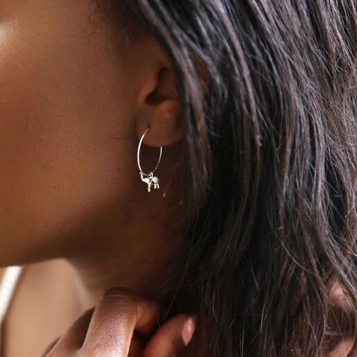 Elephant Charm Hoop Earrings in Silver on Model