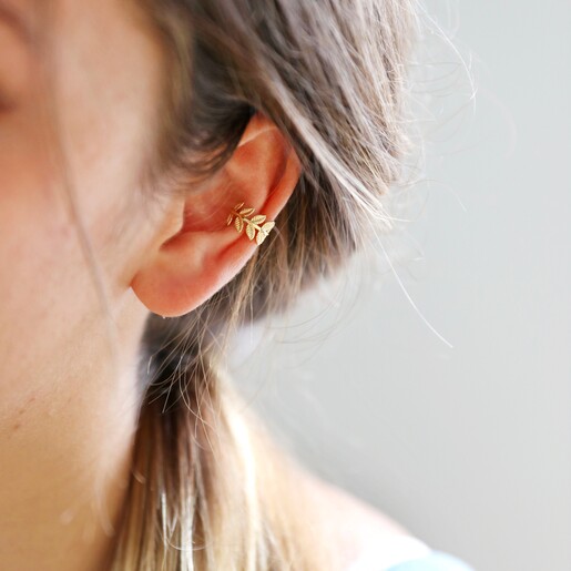 Female Model Wearing Fern Ear Cuff in Gold