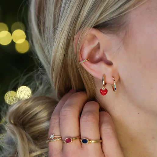 Red Enamel Heart Charm Huggie Hoop Earrings on Curated Ear