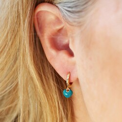 Teal Enamel Heart Charm Huggie Hoop Earrings