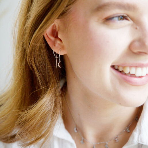 Thread Through Moon and Sun Chain Earrings in Silver on Model