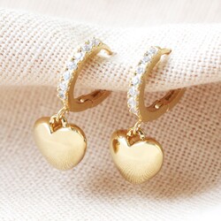 Polished Heart and Crystal Huggie Hoop Earrings in Gold
