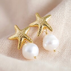 Starfish and Freshwater Pearl Stud Earrings in Gold