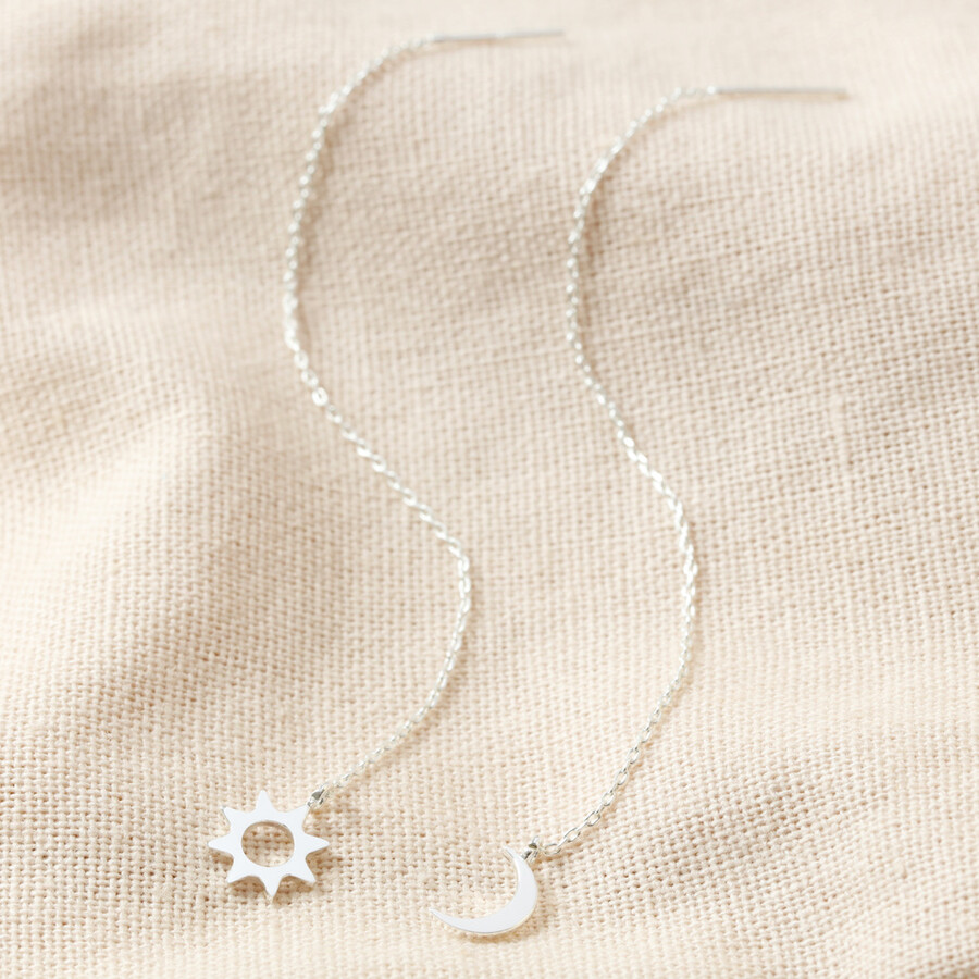 Silver Thread Through Moon and Sun Chain Earrings | Lisa Angel