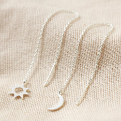 Thread Through Moon and Sun Chain Earrings in Silver