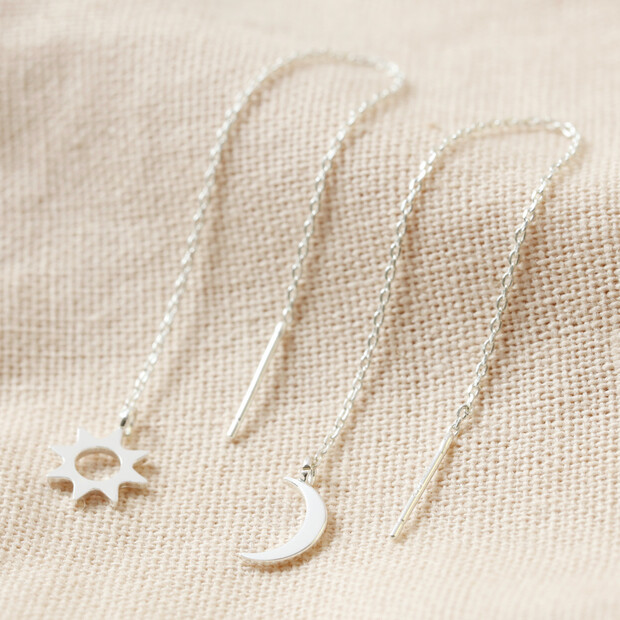 Thread Through Moon and Sun Chain Earrings in Silver Thread Through Moon and Sun Chain Earrings in Silver