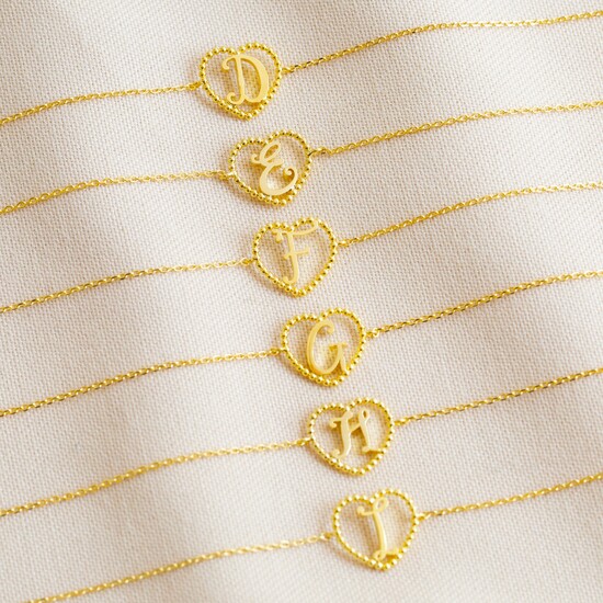 Gold Heart Initial Bracelet - E