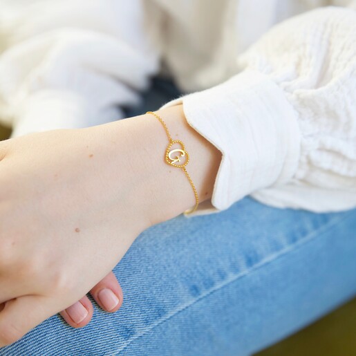 Gold Heart Initial Bracelet on Model