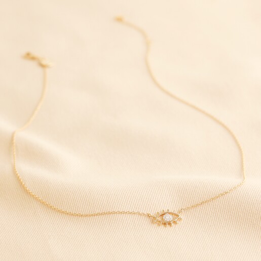Full Chain Length of Clear Crystal Eye Charm Necklace in Gold
