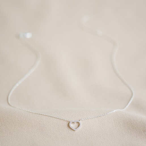 Crystal Heart Outline Necklace in Silver full chain length