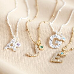 Hammered Initial and Birthstone Charm Necklace
