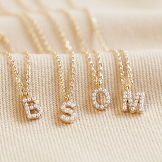 Tiny Pearl Initial Charm Necklace in Gold
