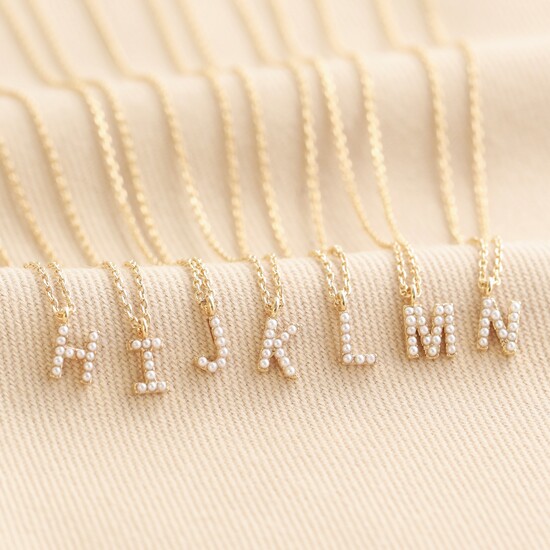 Tiny Pearl Initial Charm Necklace in Gold - N