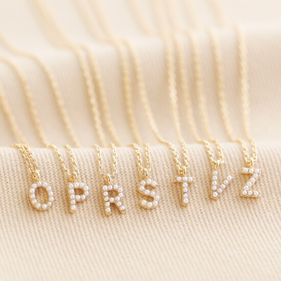 Tiny Pearl Initial Charm Necklace in Gold - T