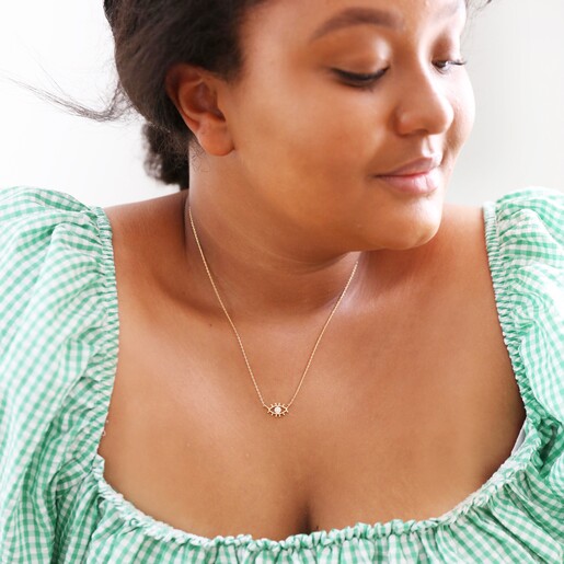 Wide Shot of Model Wearing Clear Crystal Eye Charm Necklace in Gold from Lisa Angel