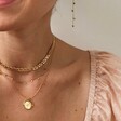 Model Wearing Layered Flat Figaro Chain Necklace in Gold
