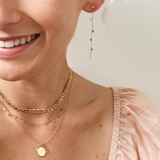 Female Model Wearing Flat Figaro Chain Necklace in Gold