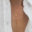 Model Wearing Lisa Angel Moon and Sun Lariat Necklace in Gold