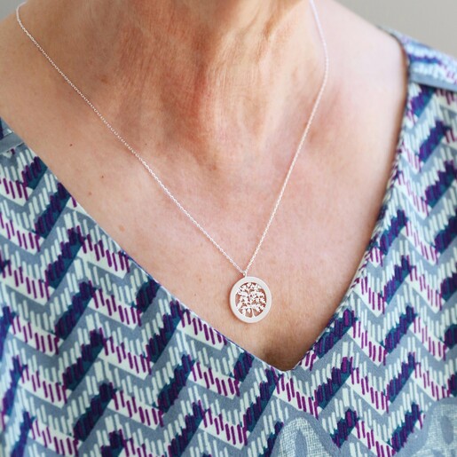Silver Family Tree Disc Necklace From Lisa Angel on Model