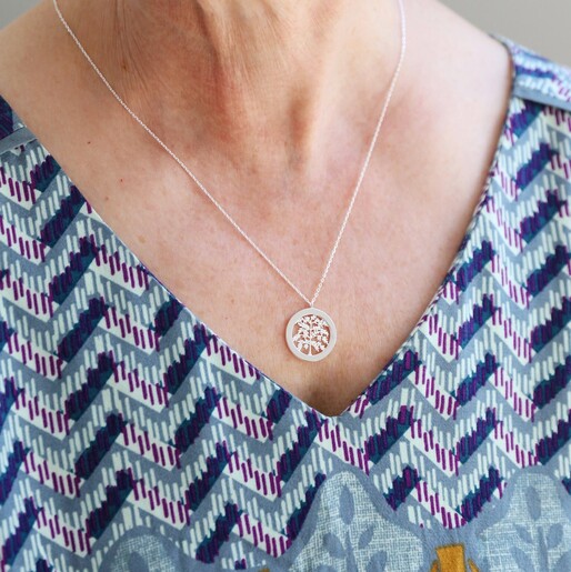 Model Wearing Lisa Angel Silver Family Tree Disc Necklace