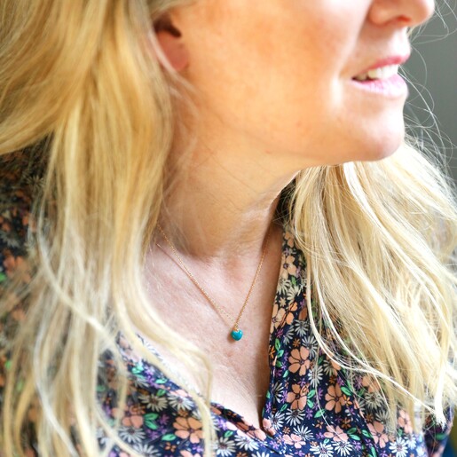 Model Wearing Tiny Teal Enamel Heart Necklace