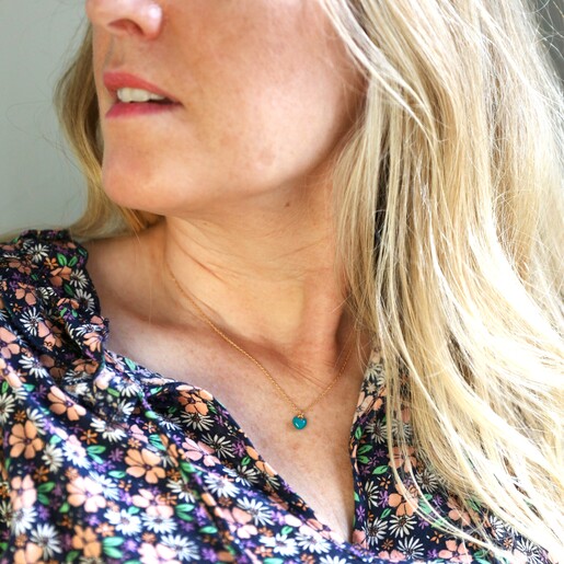 Tiny Teal Enamel Heart Necklace on Model