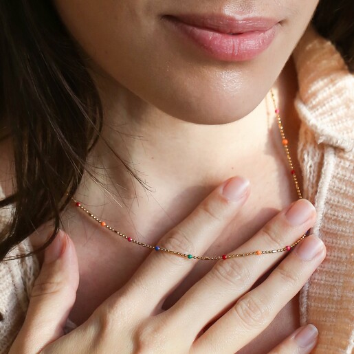 Model Wearing Rainbow Enamel Bead Chain Necklace in Gold