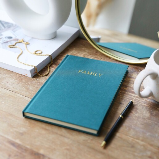 Front of Personalised Fabric Notebook in Green