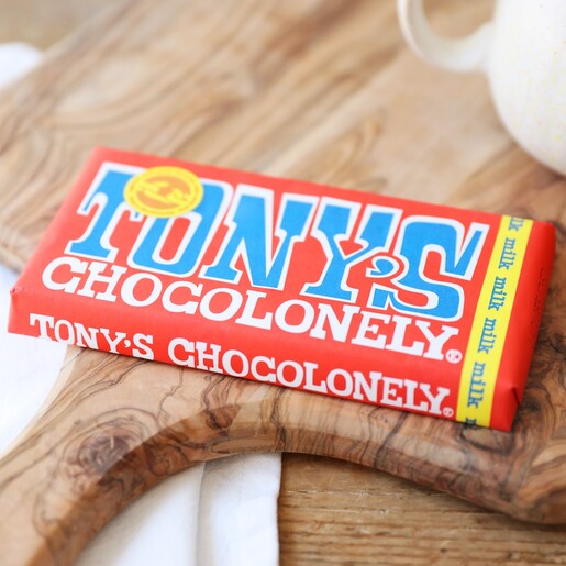 Front of Tony's Chocolonely Milk Chocolate Bar