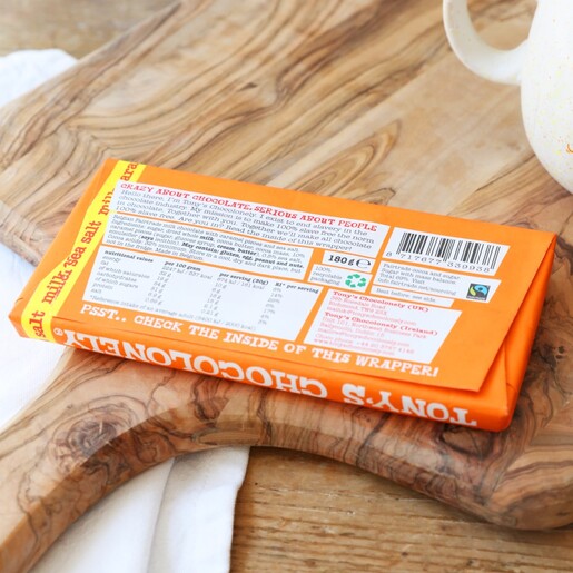 Back of Tony's Chocolonely Milk Chocolate Caramel and Sea Salt Bar