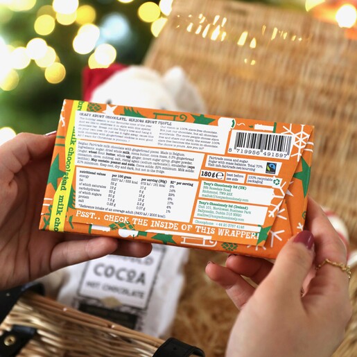 Back of Packaging Back of Tony's Chocolonely Milk Chocolate Gingerbread Bar