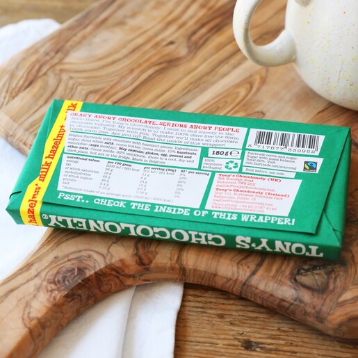 Back of Tony's Chocolonely Milk Chocolate and Hazelnut Bar