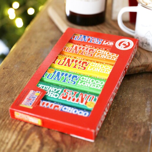 Tony's Chocolonely Rainbow Chocolate Tasting Pack on Table