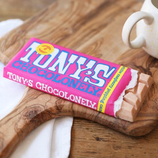Lisa Angel Tony's Chocolonely White Chocolate Raspberry Popping Candy Bar