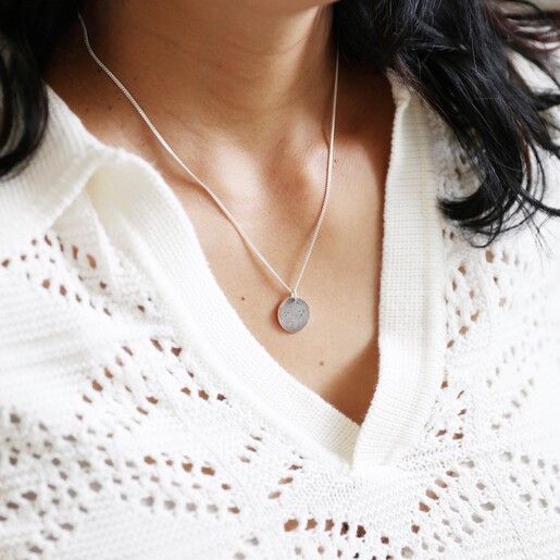 Model Wearing Personalised Pet Photo Sterling Silver Disc Necklace