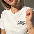 Blonde Model Wearing Embroidered Christmas Lights T-Shirt in White
