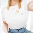 Model Wearing Marigold Personalised Embroidered Colourful Birth Flower T-Shirt